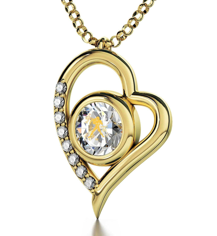 Aquarius Sign, Sterling Silver Gold Plated (Vermeil) Necklace, Swarovski Necklace Clear Crystal 