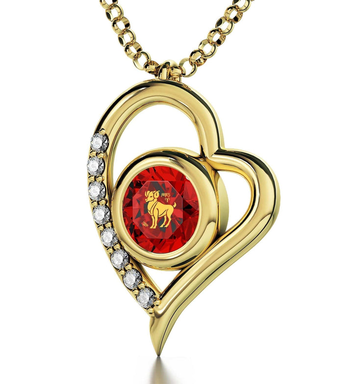 Aries Sign, 14k Gold Diamonds Necklace, Swarovski Necklace Red Garnet 