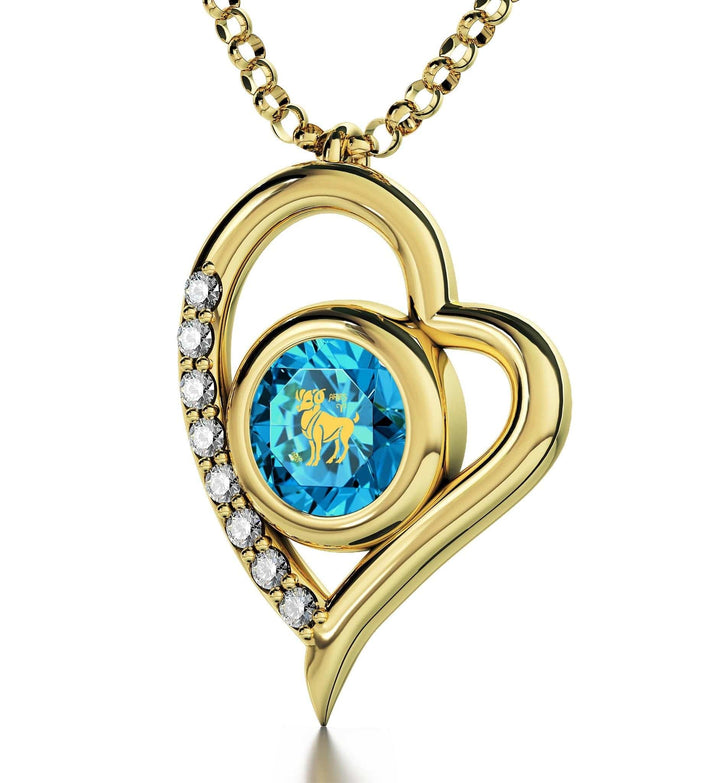 Aries Sign, 14k Gold Diamonds Necklace, Swarovski Necklace Turquoise Blue-Topaz 