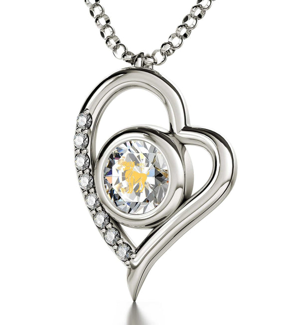 Aries Sign, 14k White Gold Diamonds Necklace, Swarovski Necklace Clear Crystal 