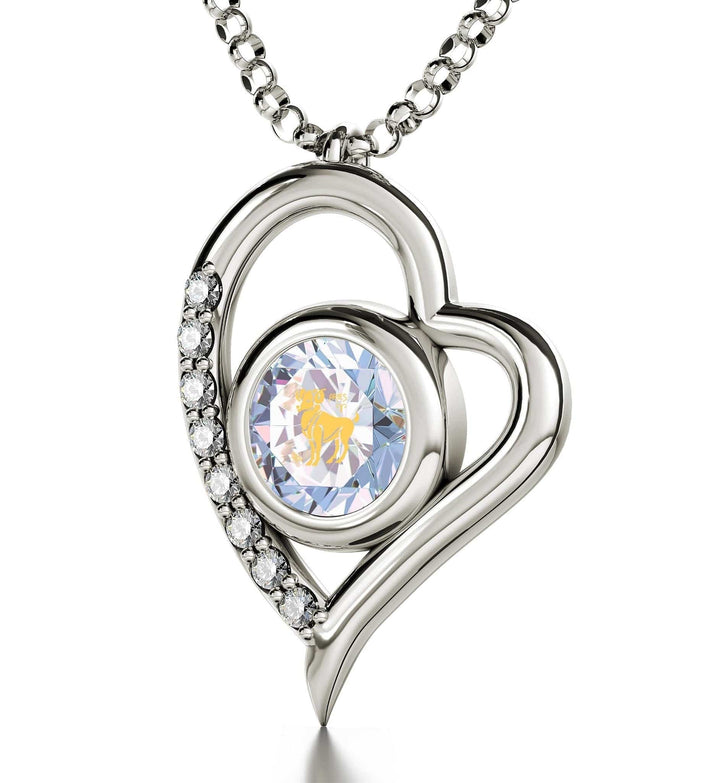 Aries Sign, 14k White Gold Diamonds Necklace, Swarovski Necklace Opalite 