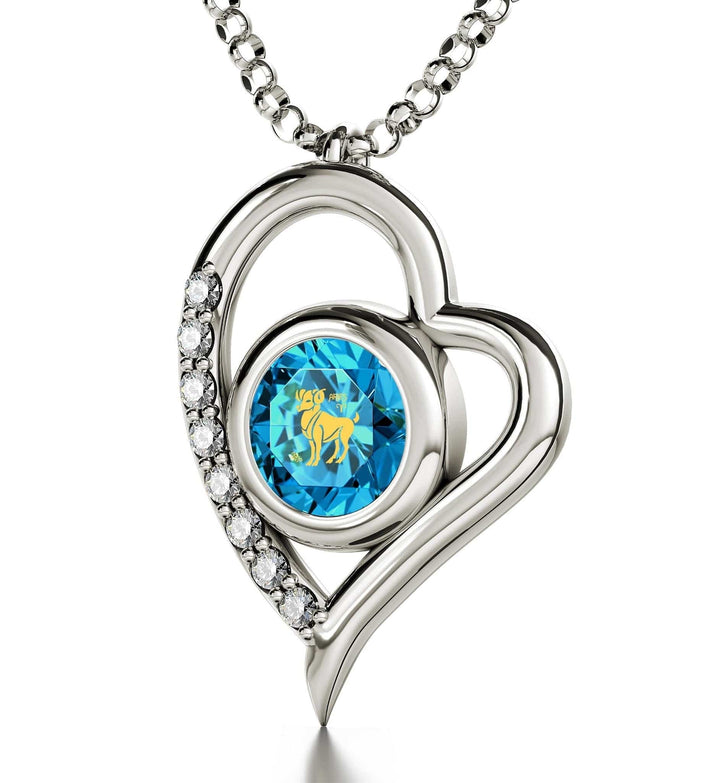 Aries Sign, 14k White Gold Diamonds Necklace, Swarovski Necklace Turquoise Blue-Topaz 