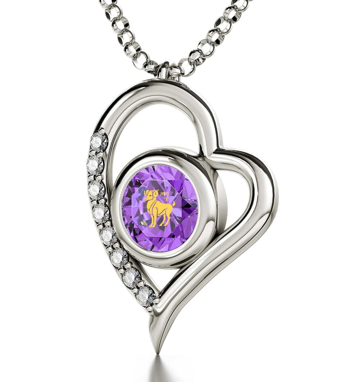Aries Sign, 14k White Gold Diamonds Necklace, Swarovski Necklace Violet Light Amethyst 