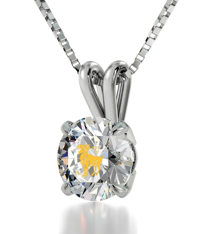 Aries Sign, 14k White Gold Necklace, Swarovski Necklace Clear Crystal 