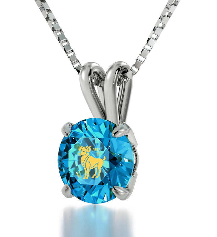 Aries Sign, 14k White Gold Necklace, Swarovski Necklace Turquoise Blue-Topaz 