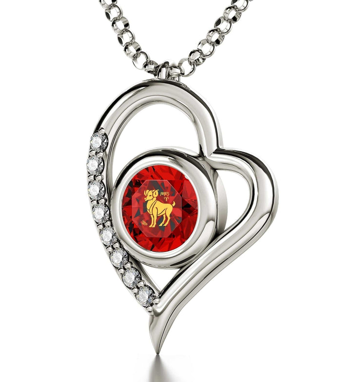 Aries Sign, 925 Sterling Silver Necklace, Swarovski Necklace Red Garnet 