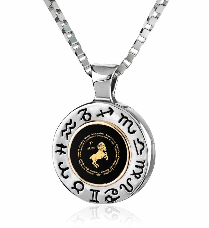 Aries Sign, 925 Sterling Silver with 14K Gold Necklace, Onyx Necklace Black Onyx 