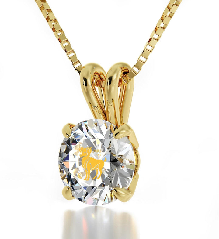 Aries Sign, Sterling Silver Gold Plated (Vermeil) Necklace, Swarovski Necklace Clear Crystal 