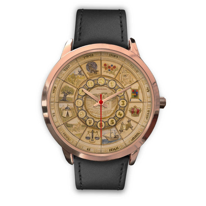 Artistic 12 Tribes Jerusalem Temple Gold Watch Rose Gold Watch Mens 40mm Black Leather 