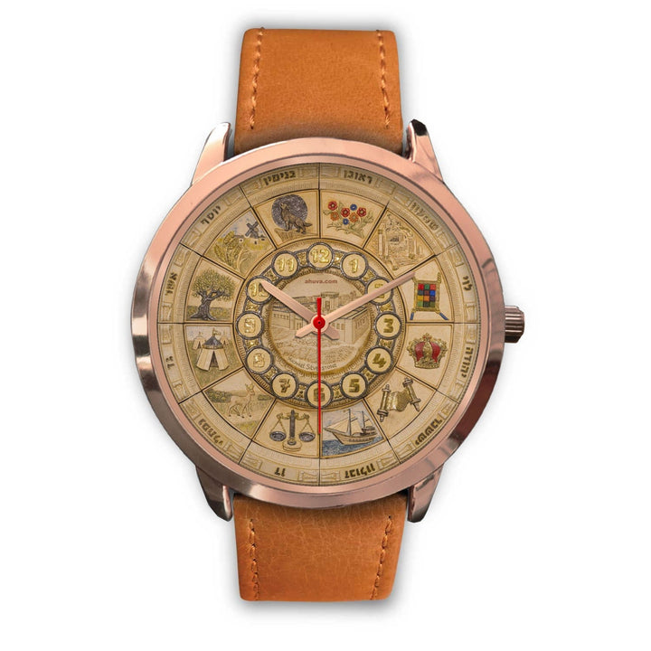 Artistic 12 Tribes Jerusalem Temple Gold Watch Rose Gold Watch Mens 40mm Brown Leather 