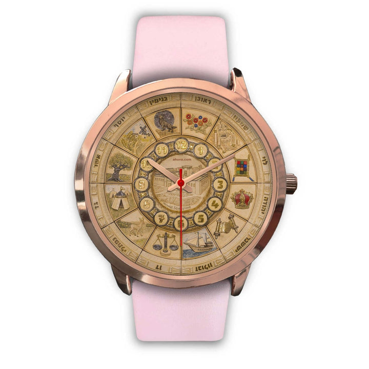 Artistic 12 Tribes Jerusalem Temple Gold Watch Rose Gold Watch Mens 40mm Pink Leather 