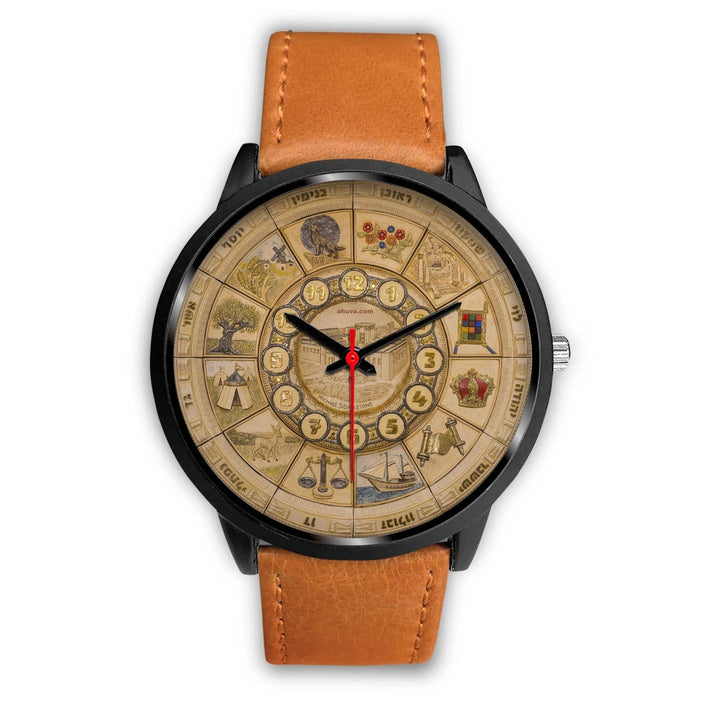 Artistic 12 Tribes Jerusalem Temple Wristwatch Black Watch Mens 40mm Brown Leather 