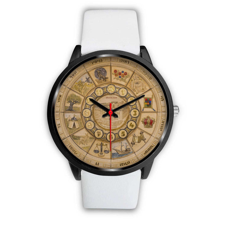 Artistic 12 Tribes Jerusalem Temple Wristwatch Black Watch Mens 40mm White Leather 