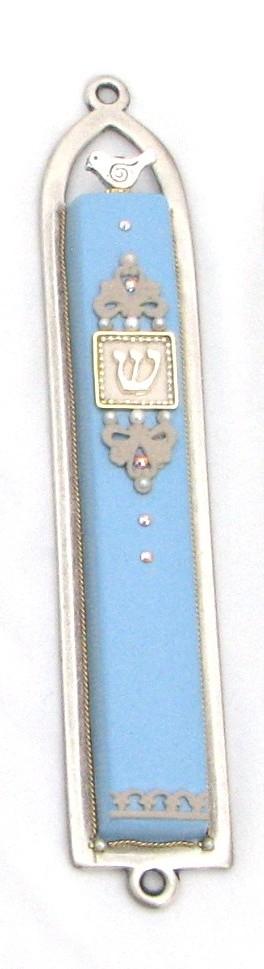 Basic Beige Oriental Mezuzah Case Blue 