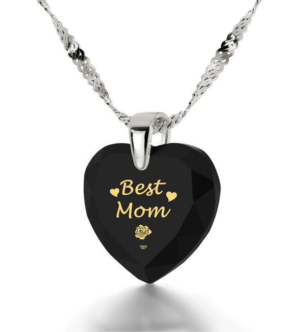 "Best Mom", 14k White Gold Necklace, Zirconia Necklace Black Jet 