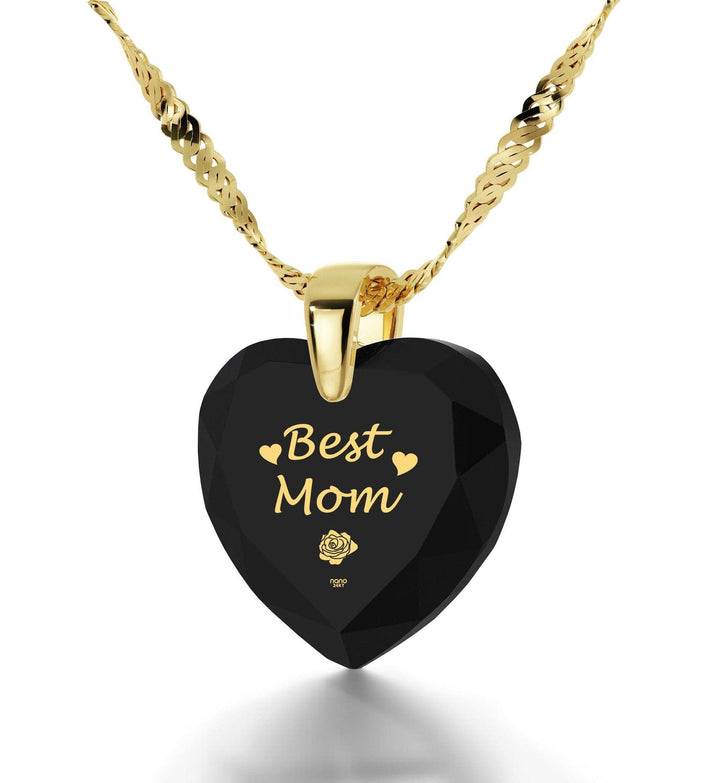 "Best Mom", Sterling Silver Gold Plated (Vermeil) Necklace, Zirconia Necklace Black Jet 