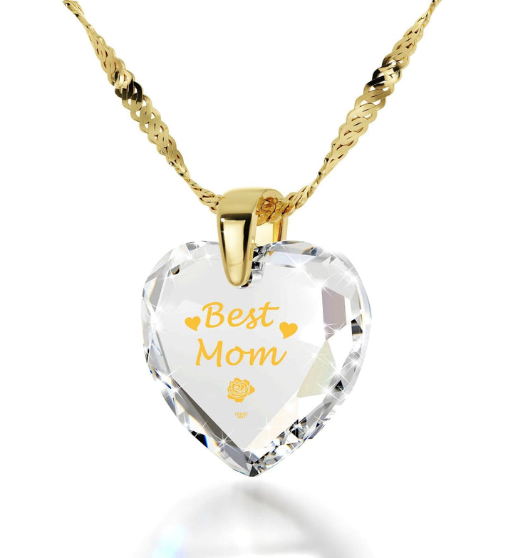 "Best Mom", Sterling Silver Gold Plated (Vermeil) Necklace, Zirconia Necklace Clear Crystal 