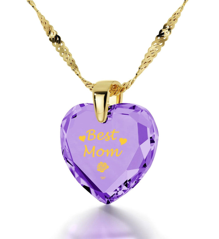 "Best Mom", Sterling Silver Gold Plated (Vermeil) Necklace, Zirconia Necklace Violet Light Amethyst 