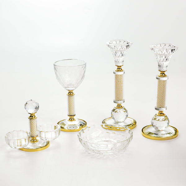 Set of Crystal Cup & tray + Crystal Salt Holder + 2 Crystal Candlesticks - Gold Plated-0