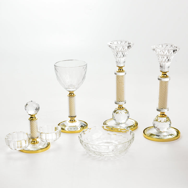 Set of Crystal Cup & tray + Crystal Salt Holder + 2 Crystal Candlesticks - Gold Plated-0