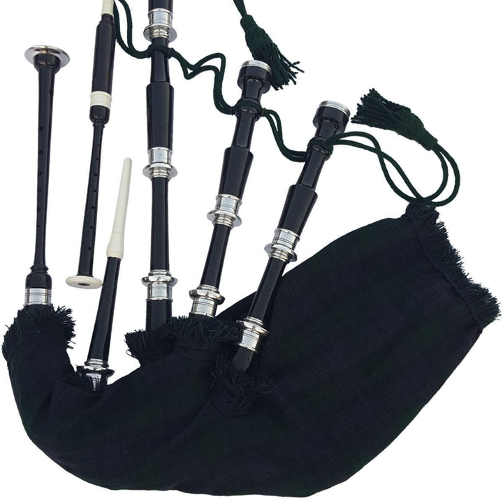 Black & Rosewood Irish Bagpipes With Full Metal Fittings In All Finishes All Blackwood & Irish Bag 