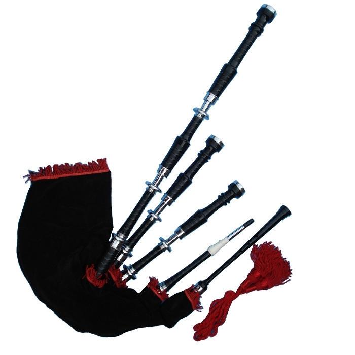 Black & Rosewood Irish Bagpipes With Full Metal Fittings In All Finishes Blackwood Red Finial Bag 