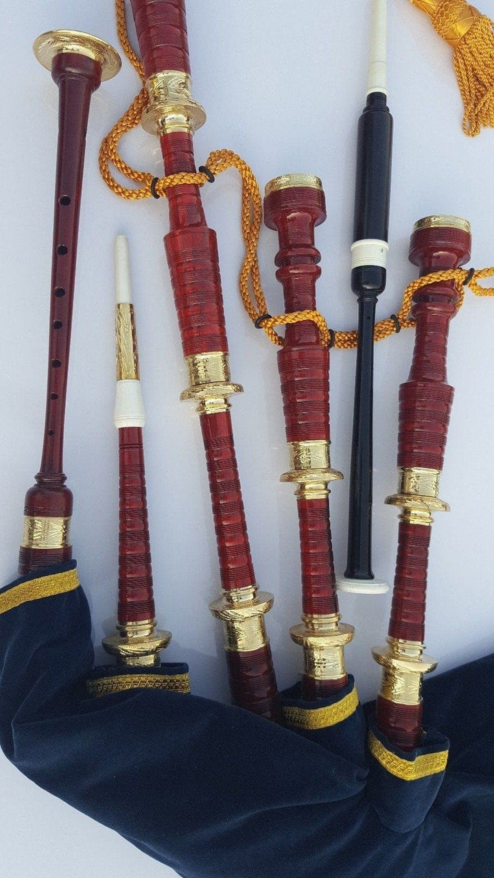 Black & Rosewood Irish Bagpipes With Full Metal Fittings In All Finishes Red Rosewood & Navy Bag 