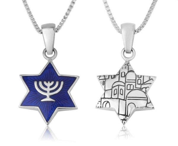 Blue Enamel Star David Embedded Menorah Silver Pendant Jewelry Holy Land Gift Jewish Jewelry 