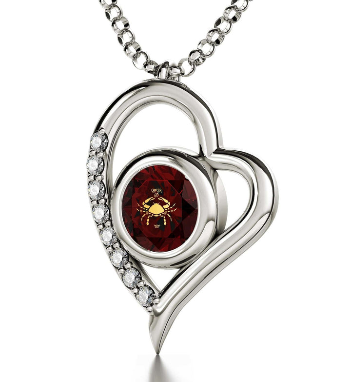 Cancer Sign, 14k White Gold Diamonds Necklace, Swarovski Necklace Dark Red Ruby 