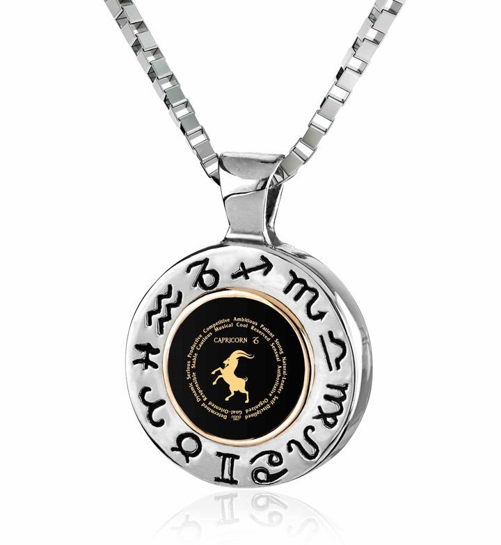 Capricorn Sign, 925 Sterling Silver with 14K Gold Necklace, Onyx Necklace Black Onyx 