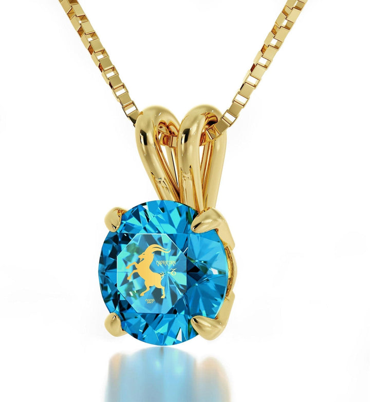 Capricorn Sign, Sterling Silver Gold Plated (Vermeil) Necklace, Swarovski Necklace Turquoise Blue-Topaz 