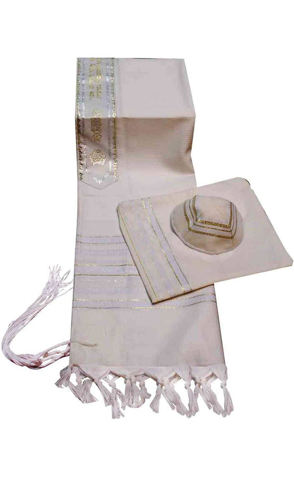 Carmel Woven White / Gold Knit Prayer Shawl - 3 Piece Set 
