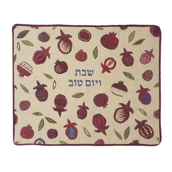 Challah Cover - Machine Embroidered - Large Pomegranates on Linen 