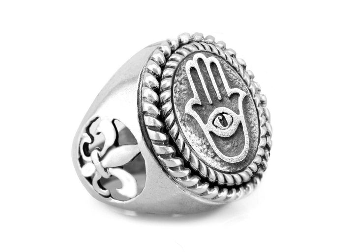 Chamsa Ring with fleur de lis symbol on the side: Hamsa jewelry RINGS 