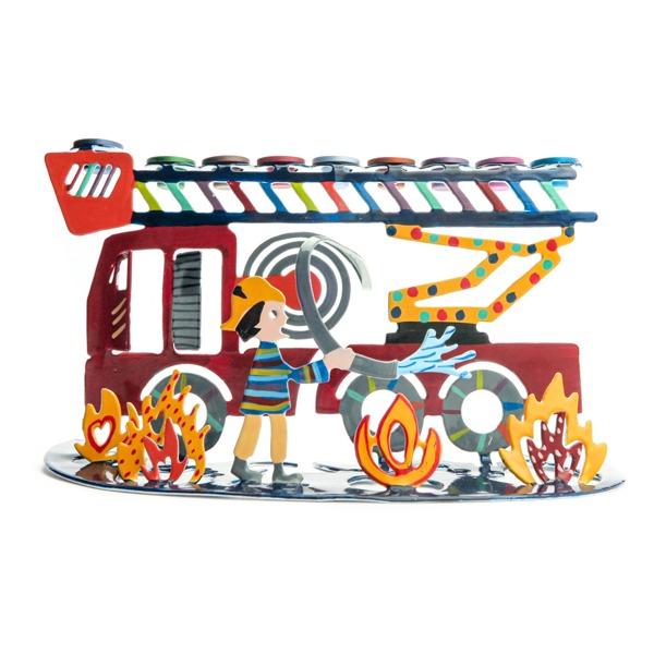 Children's Hanukkah Menorah - Laser Cut + Hand Painted - Fire Truck 