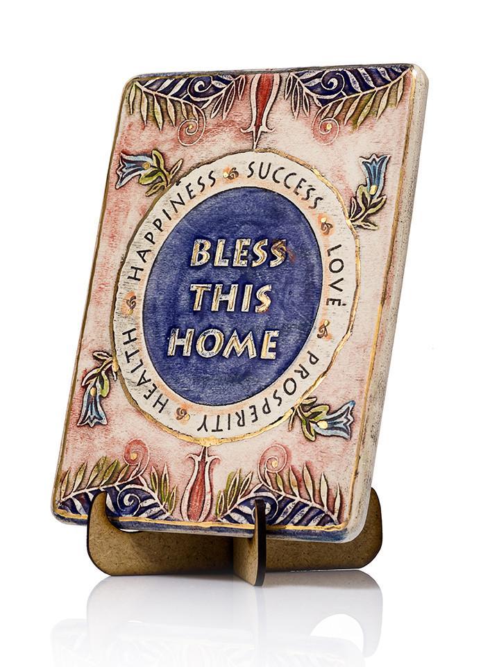 Clay Art Bless This Home Wall Hanging Plaque Hand Made and Decorated With 24k Gold Plaque 12*17cm 24k Gold Ornaments 