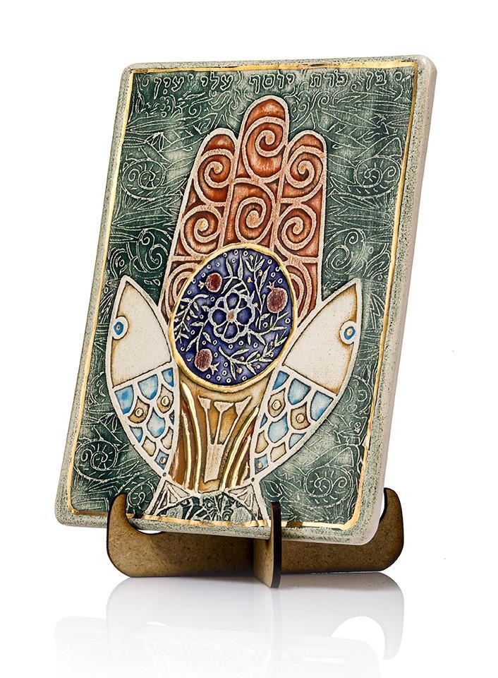 Clay Art Hamsa Handmade Ceramic Plaque Judaica And Jewish Gift Amazing Art Plaque 12*17cm 24k Gold Ornaments 