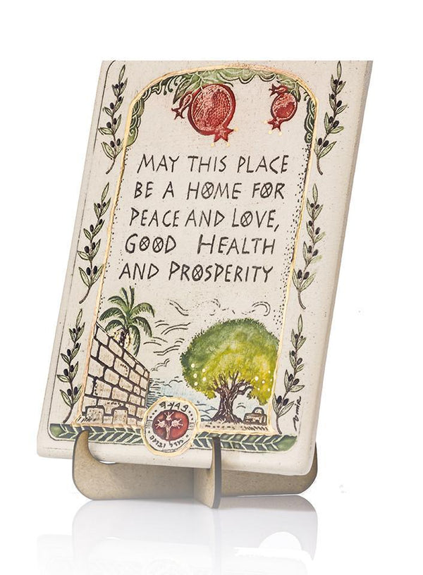 Clay Art May This Place Blessing Good Health Prosperity Handmade Ceramic Plaque Plaque 12*17cm 24k Gold Ornaments 