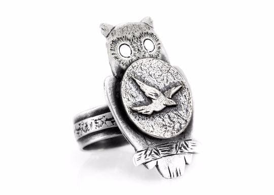 Coin ring with the Flight coin medallion on owl ahuvacoin jewelry bird jewelry RINGS 
