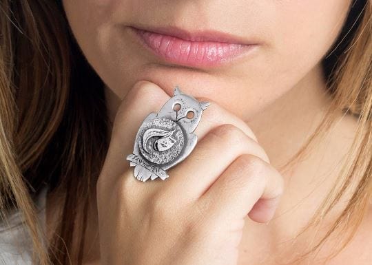 Coin ring with the Stylish Face coin medallion on owl ahuva coin jewelry owl jewelry RINGS 