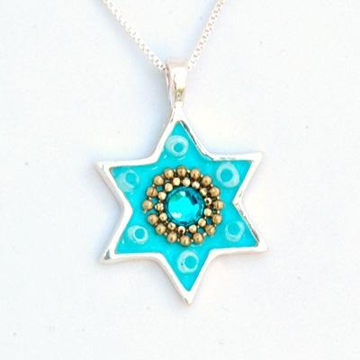 Colorful Silver Star of David Necklace - Judaica Baby Blue 