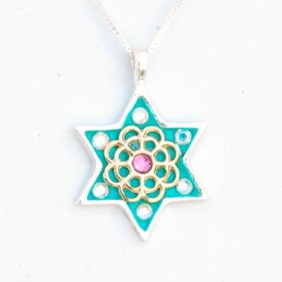 Colorful Silver Star of David Necklace - Judaica Green Star 
