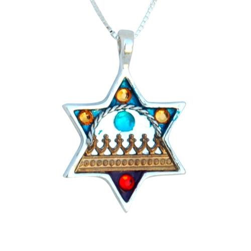 Colorful Silver Star of David Necklace - Judaica Magen David 