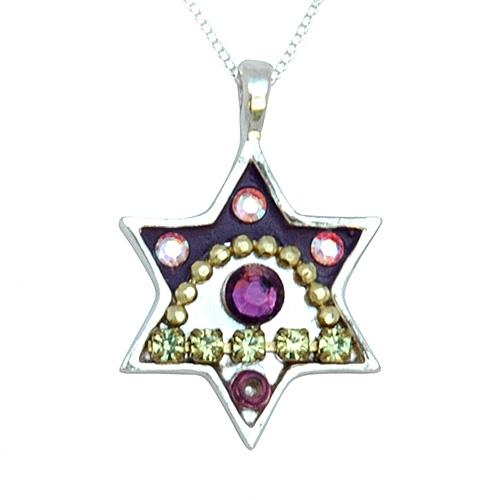 Colorful Silver Star of David Necklace - Judaica Purple Eye 