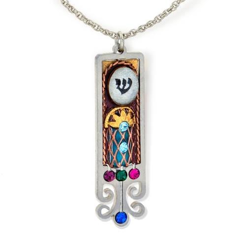 Colorful Stoned Mezuzah Necklace. 