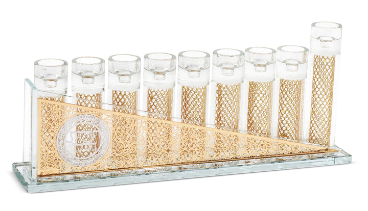 Crystal Menorah with Silver & Gold Blessing Plates and Gold Fillings-0