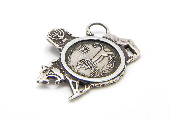 Courage Israeli Old Coin - Handmade Lion Silver Pendant Necklace 