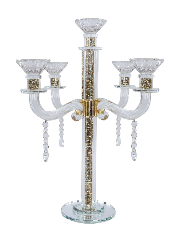 Crystal Candelabra Gold Filing 5 Branch Hanging Crystals Schonfeld Collection 