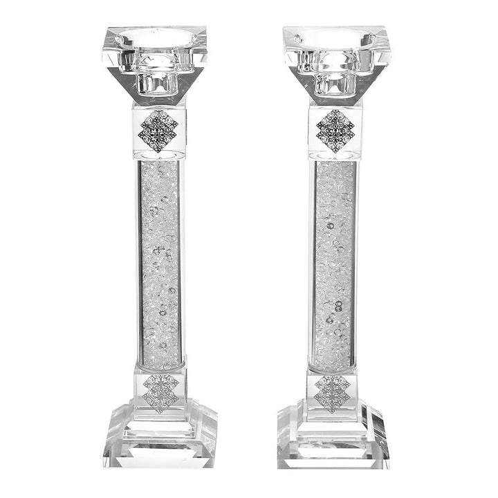Crystal Candle Stick Set of 2 Silver Cubes Broken Glass 9.5" Schonfeld Collection 