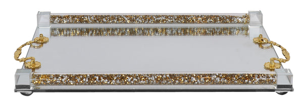 Crystal Mirror Tray Gold Handles Medium 10x14 " Schonfeld Collection 
